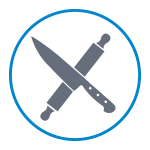 Culinary arts icon of a crossed knife and rolling pin in a blue circle.
