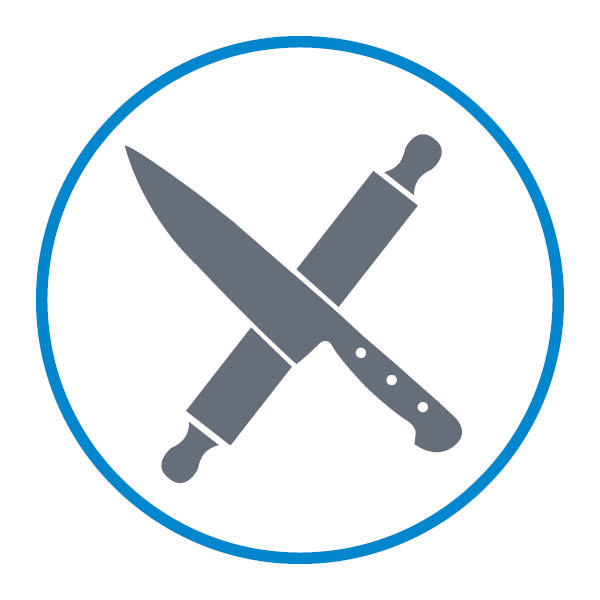 Culinary arts icon of a crossed knife and rolling pin in a blue circle.